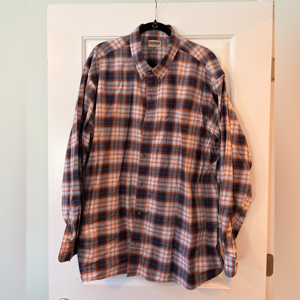 RedHead Men's Casual Plaid Shirt - Navy and Orange
